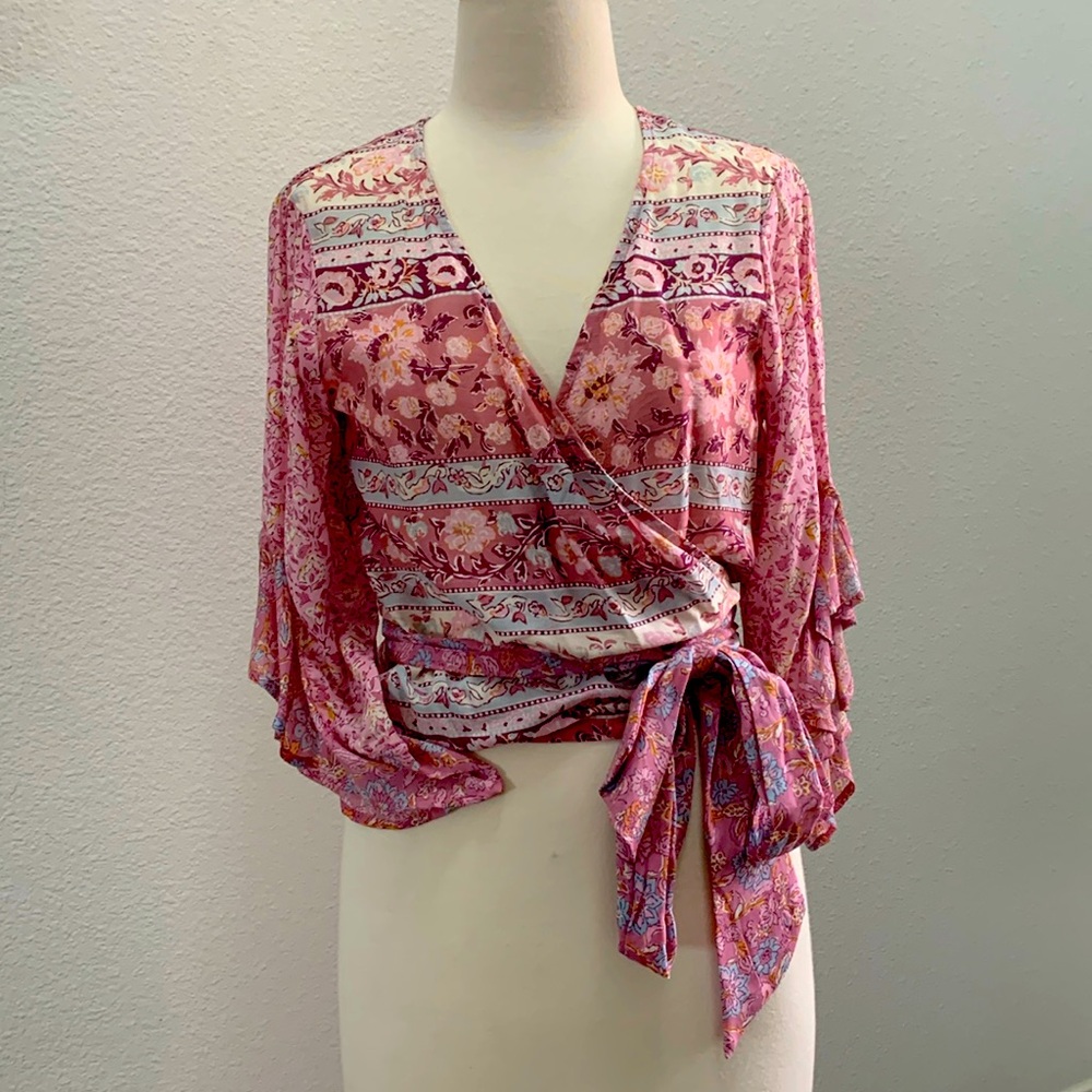 NWOT Billabong Pink Wrap Shirt Medium 3/4 Ruffle Sleeves